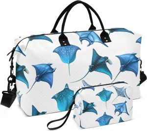 Spotted Manta Ray Sports Gym Bag for Women Men Travel Duffel Bag Weekend Overnight Carry on Bag with Toiletry Bag Air Travel Bag for Workout Swimming Yoga Plane