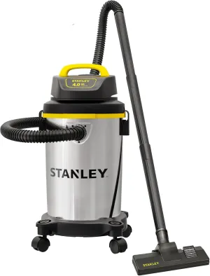 Stanley SL18129 Wet/Dry Vacuum, 4 Gallon, 4 Peak HP, Stainless Steel Tank with Top Handle, 3-in-1 Shop Vacuum Cleaner with Blower for Home, Garage, Car, Workshop, Pet Hair, Silver Yellow Black