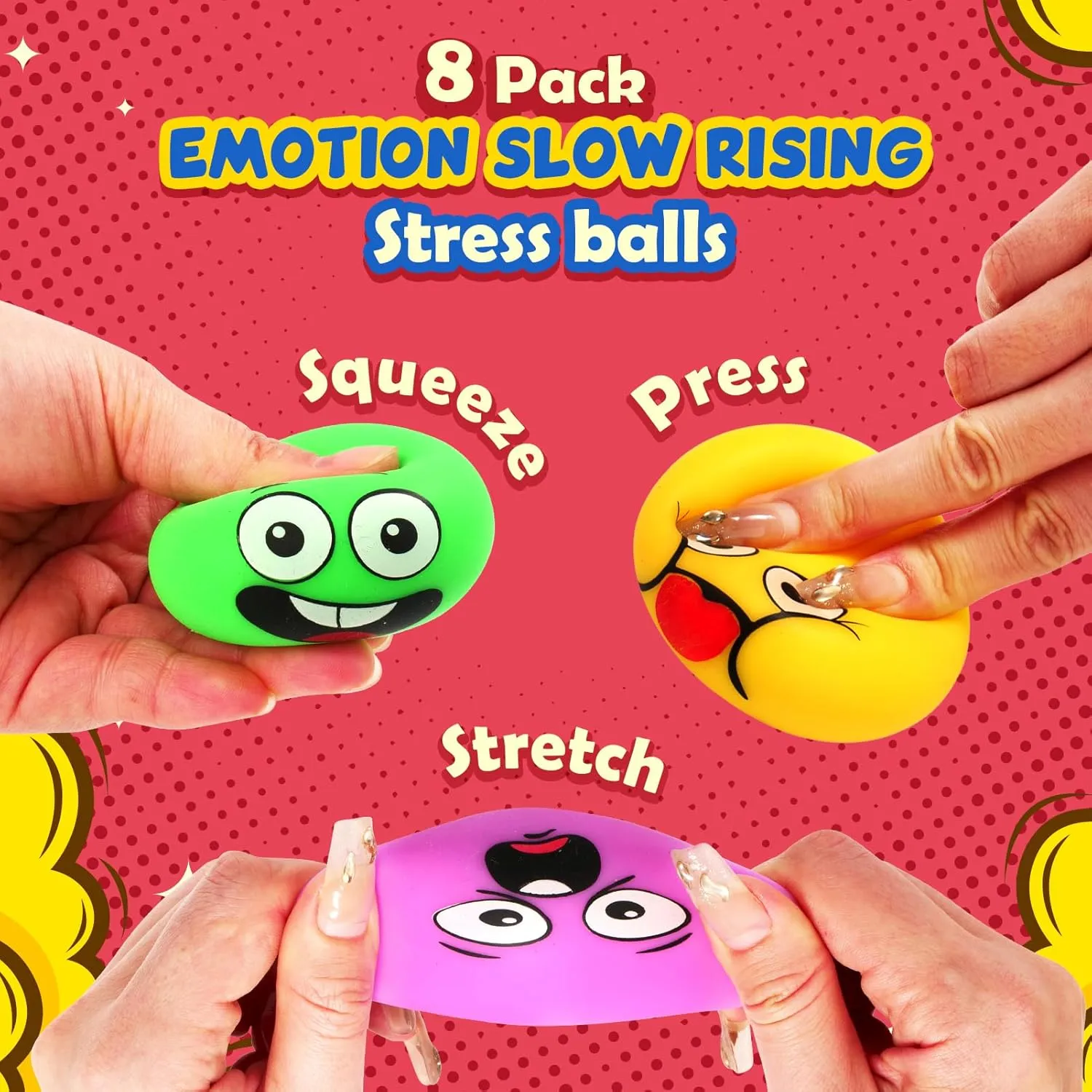 Stress Ball Fidget Squishy Toy: Emotion Sensory Dough Balls for Kids Adults - 8Pack Squeeze Ball Anxiety Stress Relaxation Bulk for Hand Therapy, Classroom prizes Goodie Bags Pinata