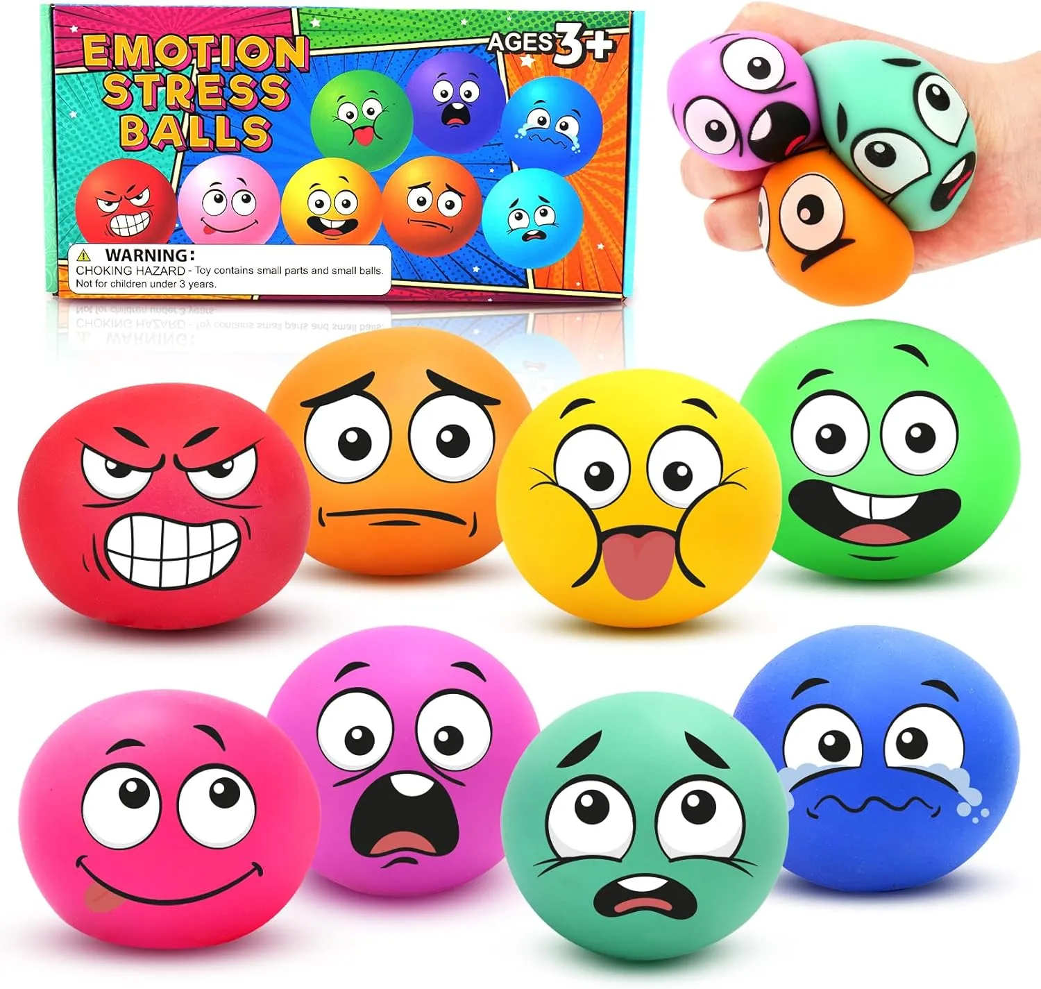 Stress Ball Fidget Squishy Toy: Emotion Sensory Dough Balls for Kids Adults - 8Pack Squeeze Ball Anxiety Stress Relaxation Bulk for Hand Therapy, Classroom prizes Goodie Bags Pinata