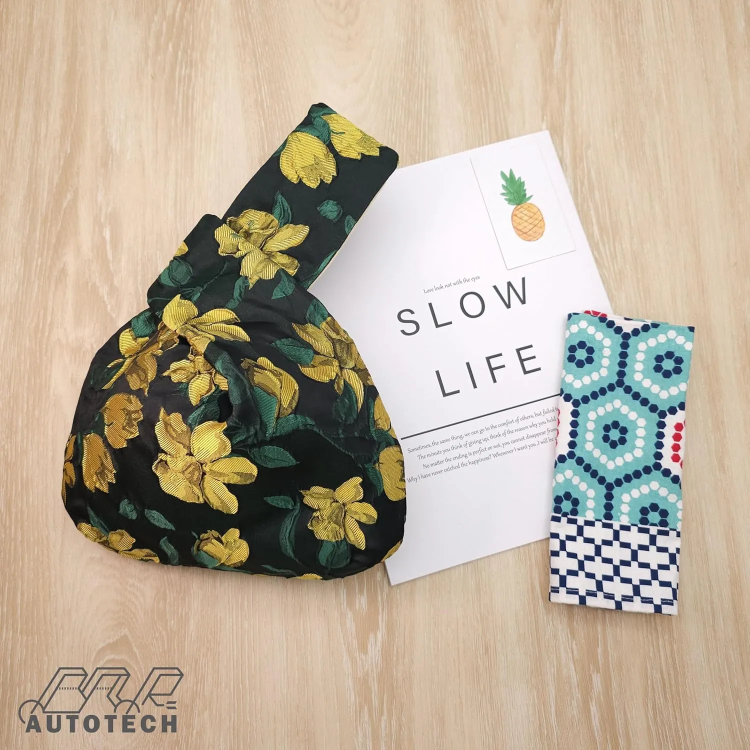 Stylish Cotton Japanese Pattern Wrist Bag Sleeve Knot Pouch Portable Canvas Tote Purse for Female, Women
