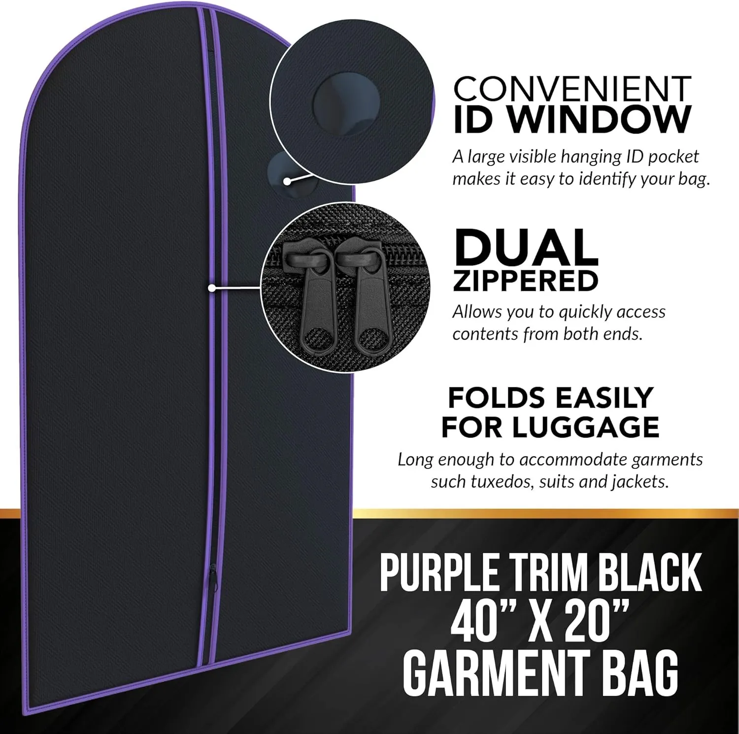 Suit Garment Travel Bags -Lightweight -40" x 24" -Men's Collection by Your Bags (Black & Purple)