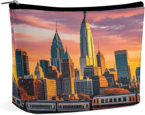 Sunset Bridge Skyscraper Makeup Bag for Women Portable Cosmetic Bag Waterproof Toiletry Bag Storage Bag Large Makeup Pouch Aesthetic Handheld Makeup Bag for Travel Work