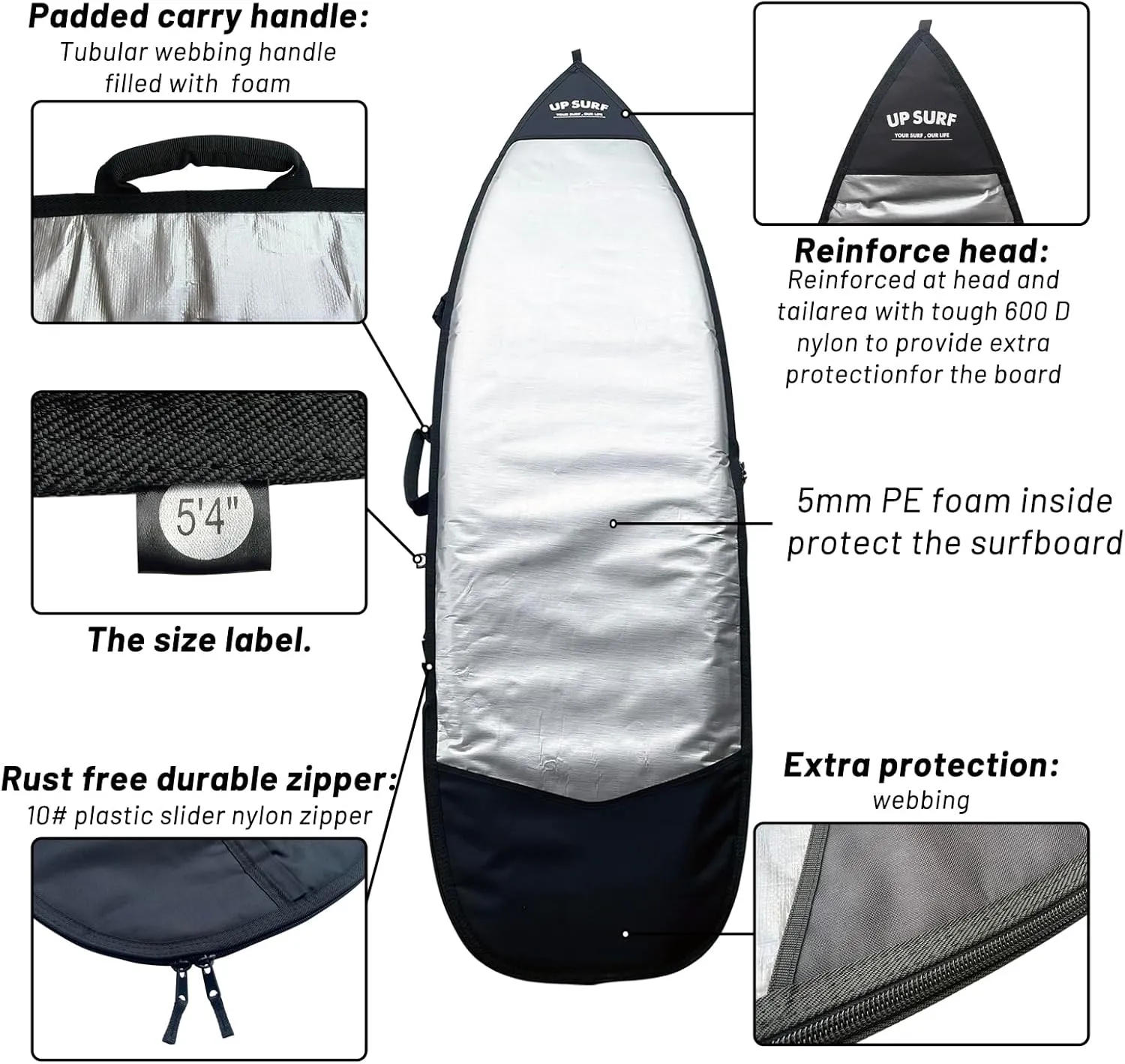 Surfboard bag, Daylight Bags for Fun and short boards, Size 5’4”,5’8”,6’0",6'4",6'8" Surfboard cover for Storage and Transport Surfboard