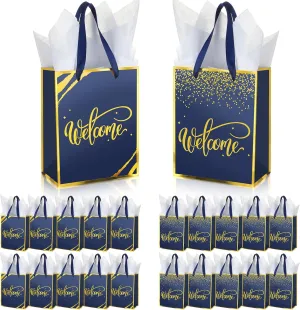 Sweetude 24 Sets Welcome Paper Gift Bags with Handles and Tissue Paper Welcome to Our Church Kraft Paper Gift Bags Wedding Guests Hotel Church Visitors Birthday Party Supplies