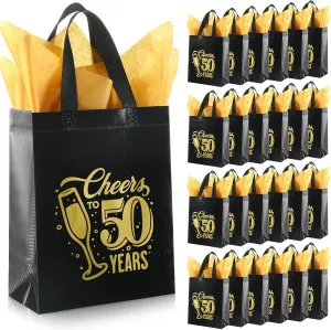 Sweetude 25 Pack 50th Birthday Gift Bags Cheer to 50 Birthday Party Glossy Reusable Tote Bags with Handles and Tissue Paper for Party Decorations Supplies, 8 * 4 * 10 Inch