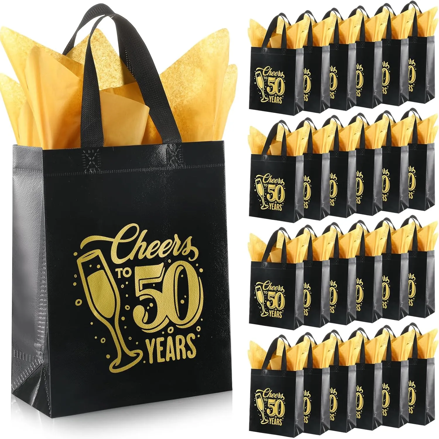Sweetude 25 Pack 50th Birthday Gift Bags Cheer to 50 Birthday Party Glossy Reusable Tote Bags with Handles and Tissue Paper for Party Decorations Supplies, 8 * 4 * 10 Inch
