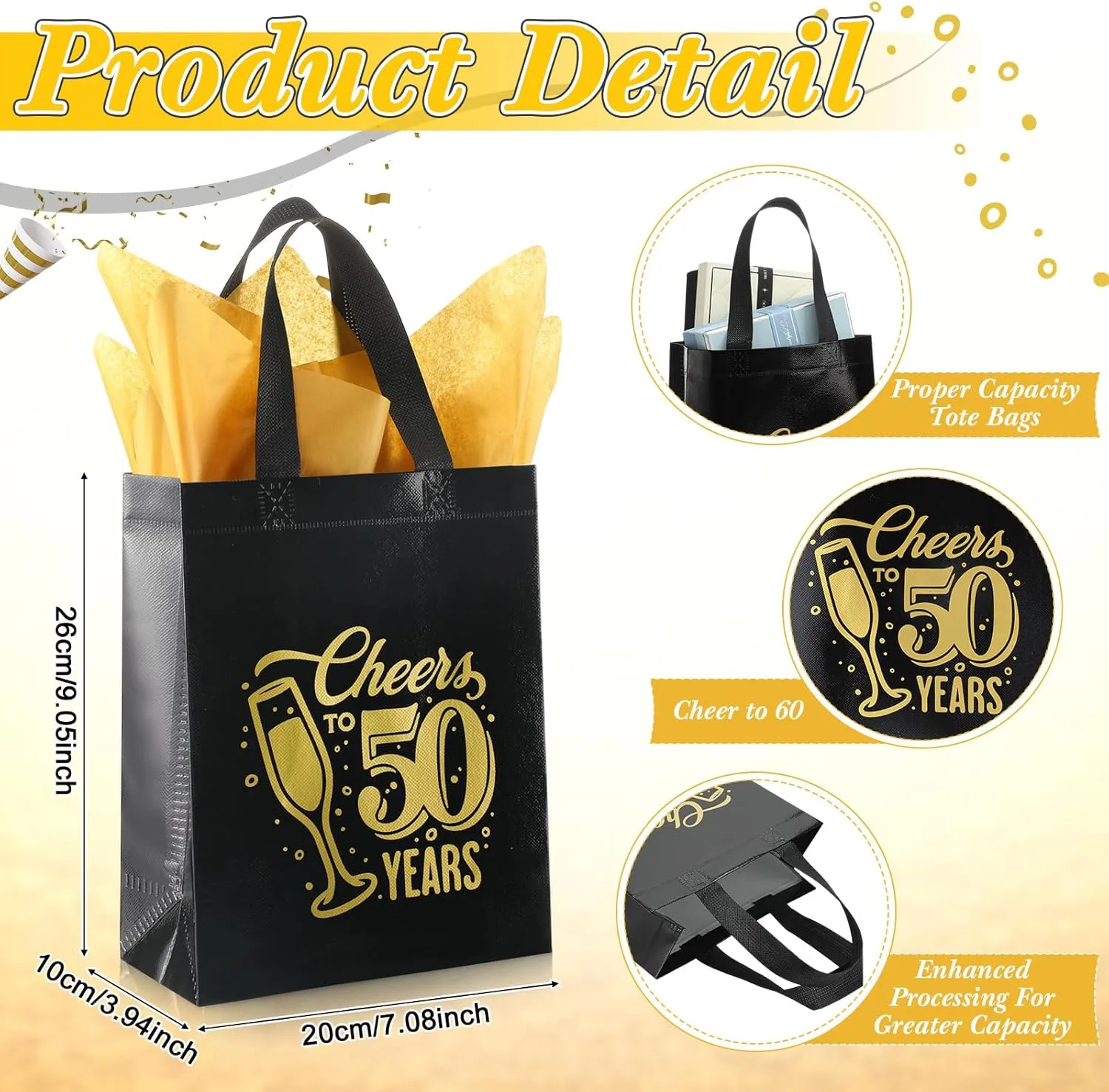 Sweetude 25 Pack 50th Birthday Gift Bags Cheer to 50 Birthday Party Glossy Reusable Tote Bags with Handles and Tissue Paper for Party Decorations Supplies, 8 * 4 * 10 Inch