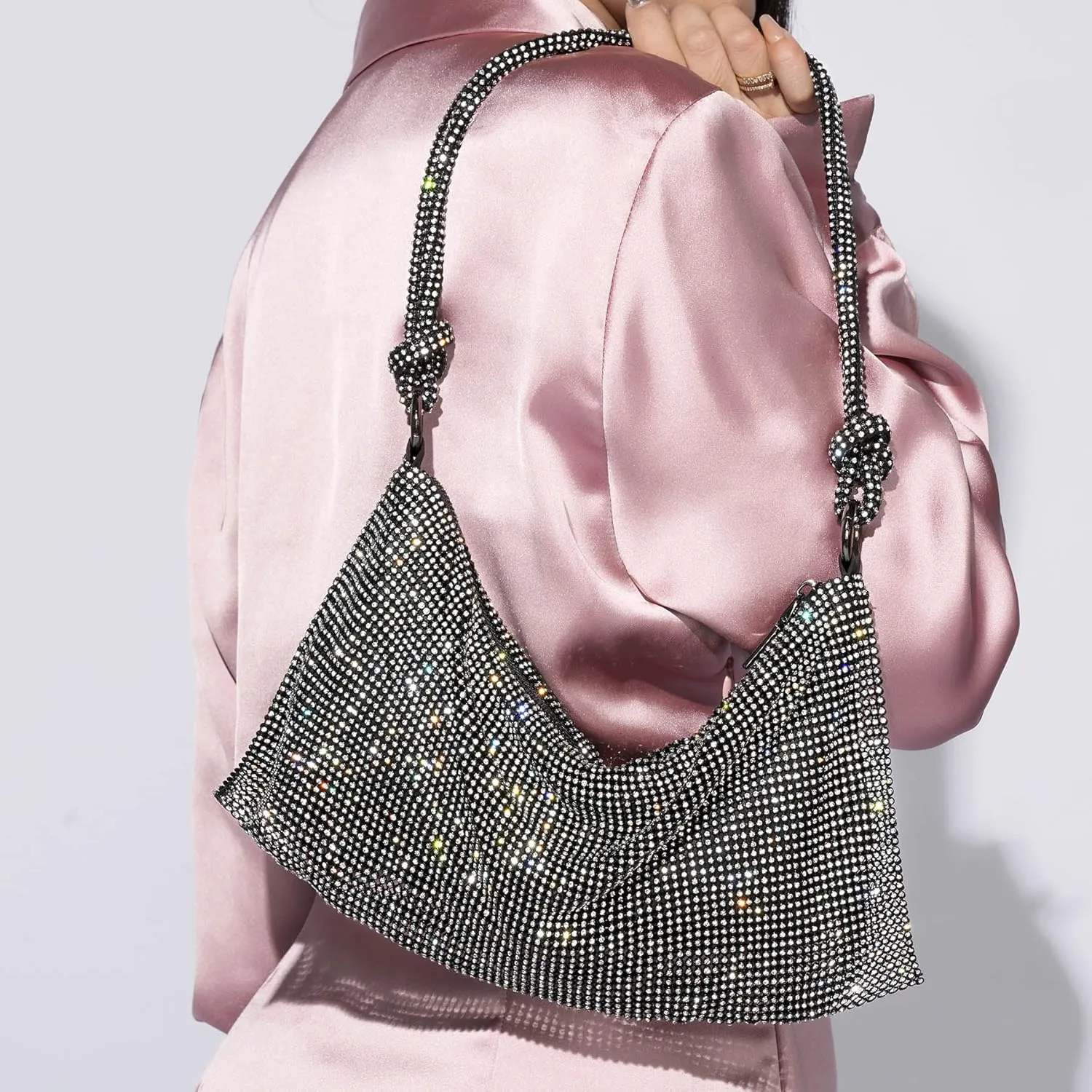 SWEETV Sparkly Rhinestone Purse for Women Silver Clutch Purse Small Glitter Handbags for Weddings, Prom,and Parties