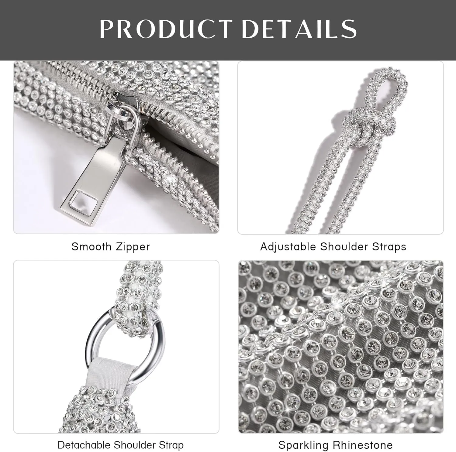 SWEETV Sparkly Rhinestone Purse for Women Silver Clutch Purse Small Glitter Handbags for Weddings, Prom,and Parties
