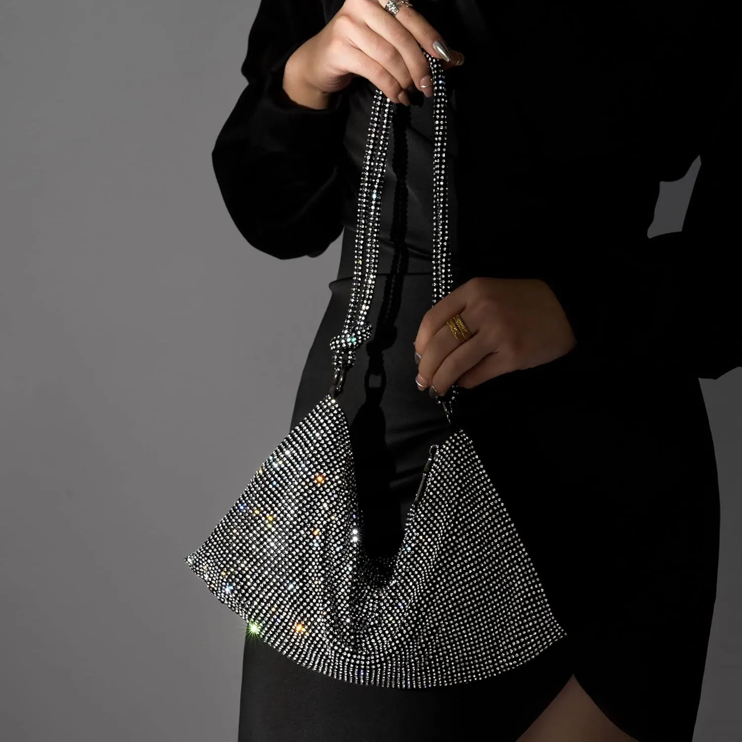 SWEETV Sparkly Rhinestone Purse for Women Silver Clutch Purse Small Glitter Handbags for Weddings, Prom,and Parties