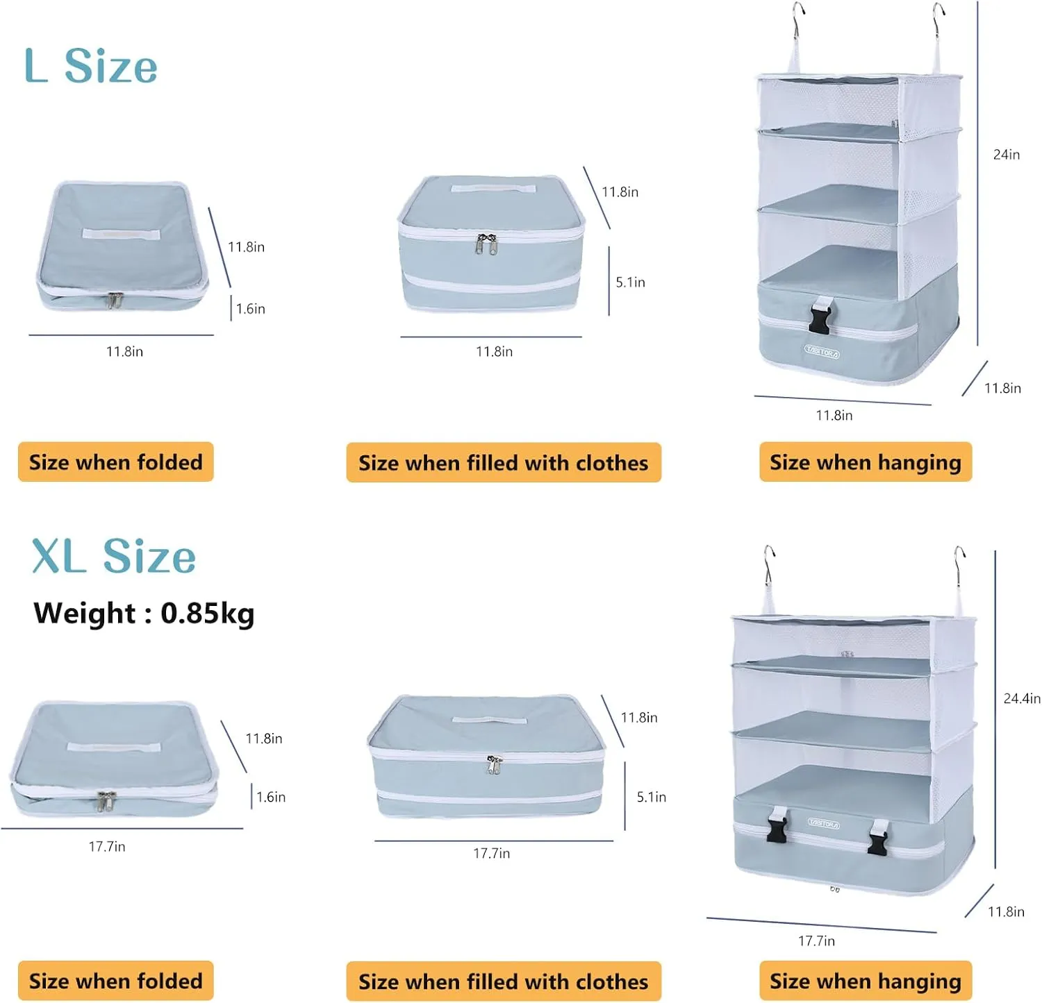 TABITORA Portable Hanging Travel Shelves Bag Packing Cube Organizer Suitcase Storage Large Capacity