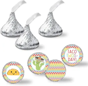 Taco TWOS-Day Second Birthday Fiesta Party Themed Kiss Sticker Labels, 300 Party Circle Sticker sized 0.75* * for Chocolate Drop Kisses by AmandaCreation, Great for Party Favors, Envelope Seals &