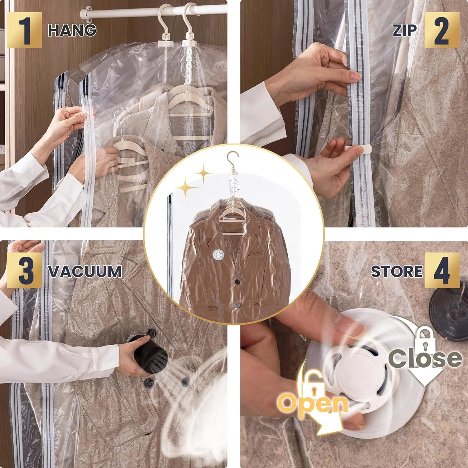 TAILI Hanging Vacuum Sealer Space Saver Suction Storage Bags with Electric Air Pump for Clothing, for Coats, Closet Organizers, 6 Short