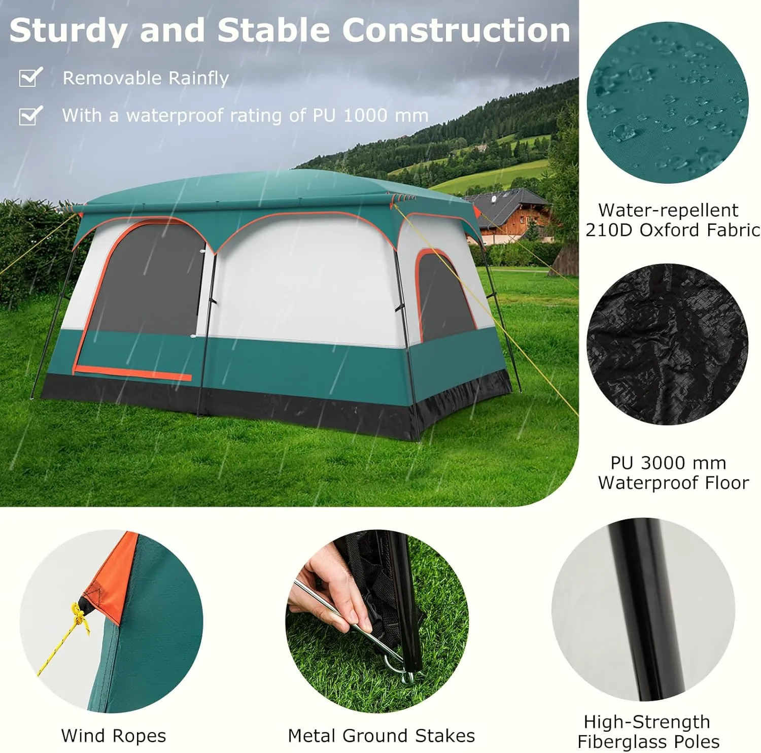 Tangkula 6/8/10-Person Camping Tent with Porch, Large Family Cabin Tent with 2 Rooms, 2 Doors, 2 Mesh Windows, Removable Rainfly, Carrying Bag, Double Layer Tents for Camping, Picnic, Outdoor