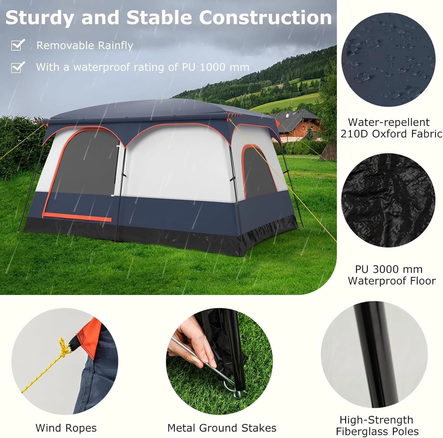 Tangkula 6/8/10-Person Camping Tent with Porch, Large Family Cabin Tent with 2 Rooms, 2 Doors, 2 Mesh Windows, Removable Rainfly, Carrying Bag, Double Layer Tents for Camping, Picnic, Outdoor