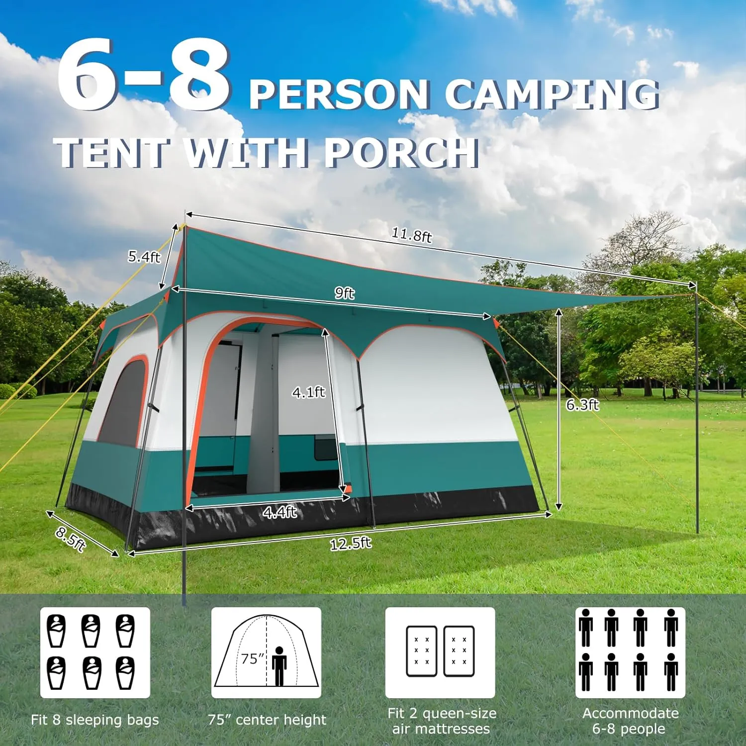 Tangkula 6/8/10-Person Camping Tent with Porch, Large Family Cabin Tent with 2 Rooms, 2 Doors, 2 Mesh Windows, Removable Rainfly, Carrying Bag, Double Layer Tents for Camping, Picnic, Outdoor