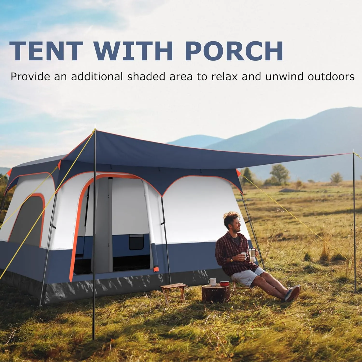 Tangkula 6/8/10-Person Camping Tent with Porch, Large Family Cabin Tent with 2 Rooms, 2 Doors, 2 Mesh Windows, Removable Rainfly, Carrying Bag, Double Layer Tents for Camping, Picnic, Outdoor