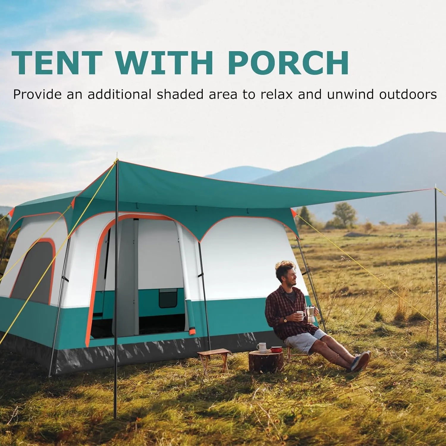 Tangkula 6/8/10-Person Camping Tent with Porch, Large Family Cabin Tent with 2 Rooms, 2 Doors, 2 Mesh Windows, Removable Rainfly, Carrying Bag, Double Layer Tents for Camping, Picnic, Outdoor