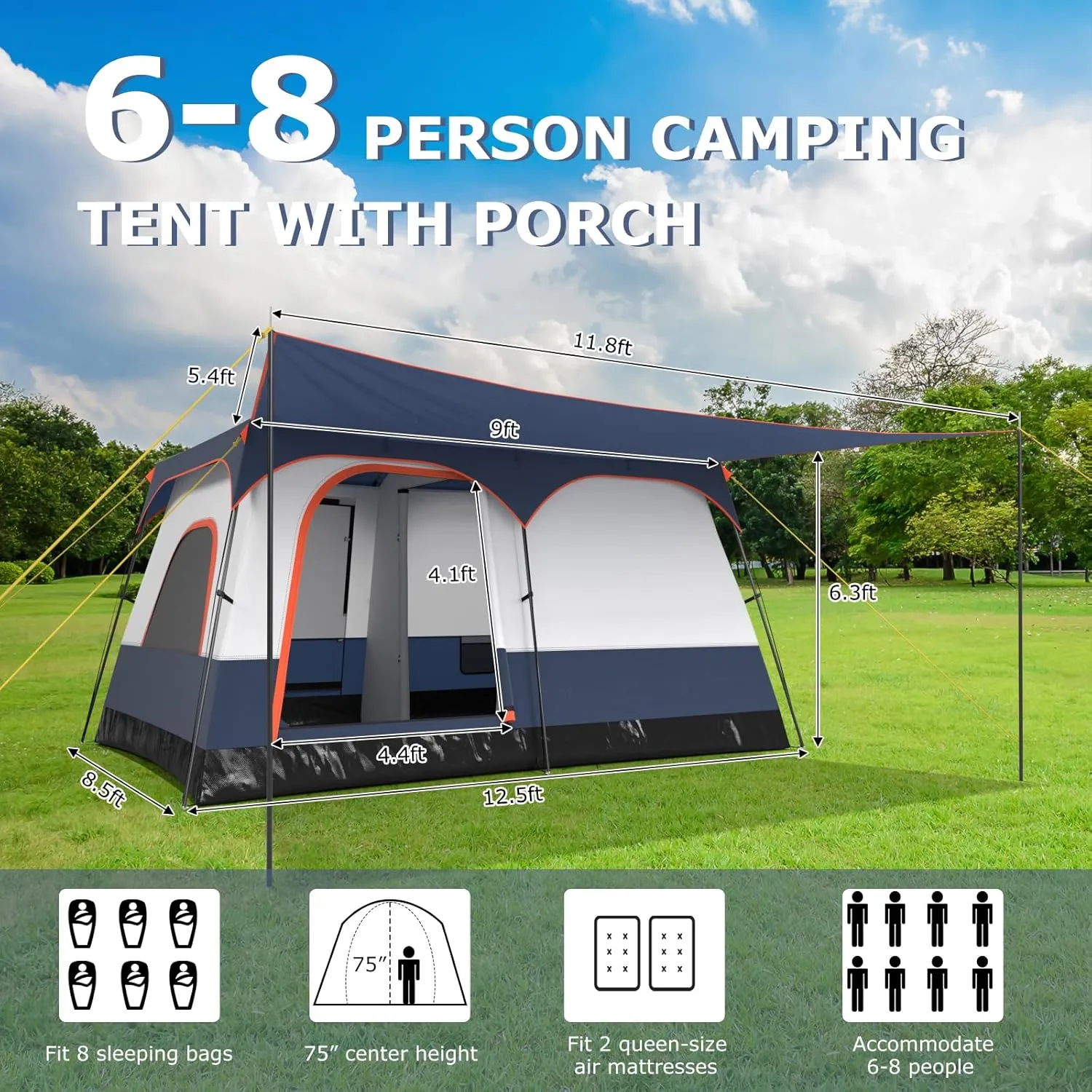 Tangkula 6/8/10-Person Camping Tent with Porch, Large Family Cabin Tent with 2 Rooms, 2 Doors, 2 Mesh Windows, Removable Rainfly, Carrying Bag, Double Layer Tents for Camping, Picnic, Outdoor