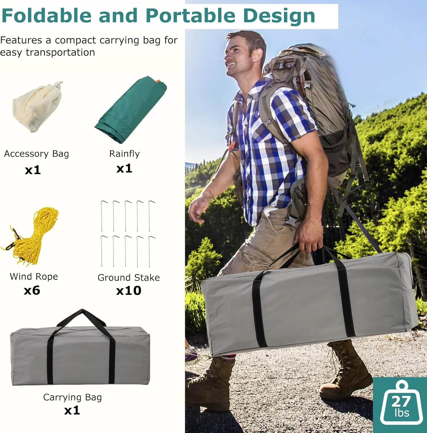 Tangkula 6/8/10-Person Camping Tent with Porch, Large Family Cabin Tent with 2 Rooms, 2 Doors, 2 Mesh Windows, Removable Rainfly, Carrying Bag, Double Layer Tents for Camping, Picnic, Outdoor