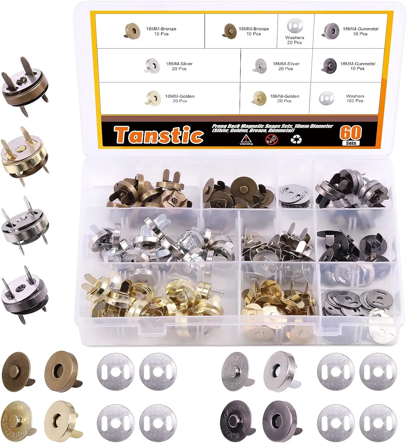 Tanstic 60 Sets 18mm 4 Color Magnetic Button Clasps Snaps Fastener Clasps Button Knitting Buttons Sets for Sewing, Craft, Purses, Bags, Clothes, Leather
