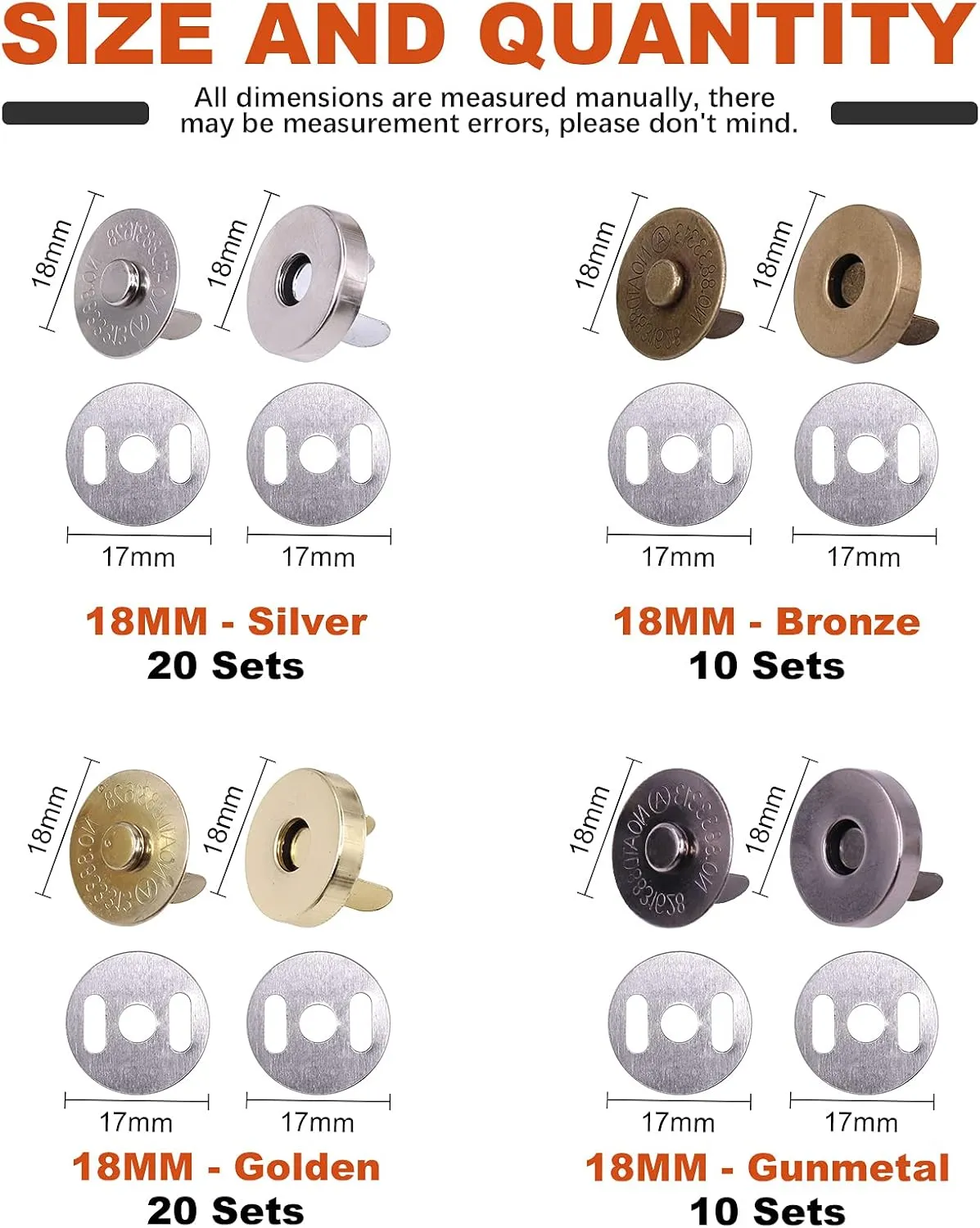 Tanstic 60 Sets 18mm 4 Color Magnetic Button Clasps Snaps Fastener Clasps Button Knitting Buttons Sets for Sewing, Craft, Purses, Bags, Clothes, Leather