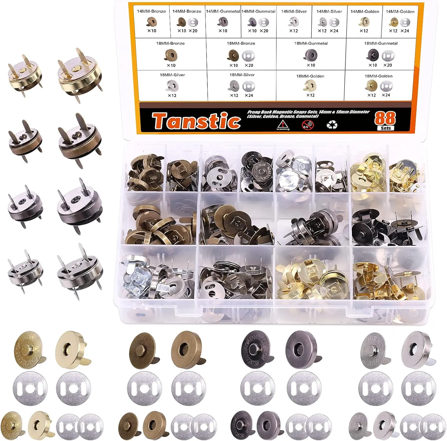 Tanstic 88 Sets 14mm and 18MM 4 Color Magnetic Button Clasps Snaps Fastener Clasps Button Knitting Buttons Sets for Sewing, Craft, Purses, Bags, Clothes, Leather