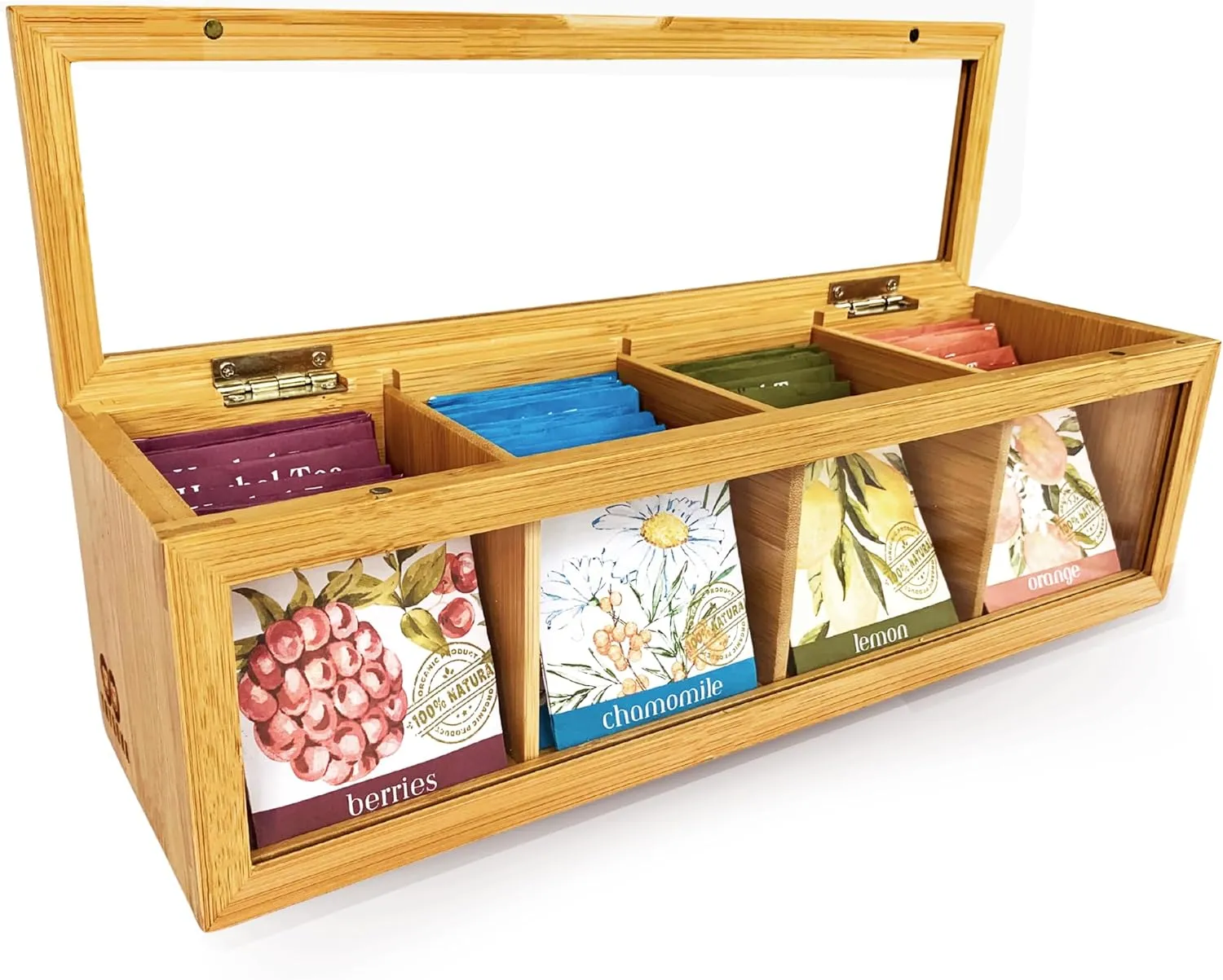 Tea Bag Organizer - Tea Organizer - Tea Storage Box with 4 Compartments (13.5" x 4" x 4.1") - Magnetic Lid & Clear Acrylic Window - Made of Bamboo - Keeps Tea Fresh - Perfect Gift for Tea Lovers