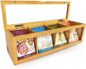 Tea Bag Organizer - Tea Organizer - Tea Storage Box with 4 Compartments (13.5" x 4" x 4.1") - Magnetic Lid & Clear Acrylic Window - Made of Bamboo - Keeps Tea Fresh - Perfect Gift for Tea Lovers