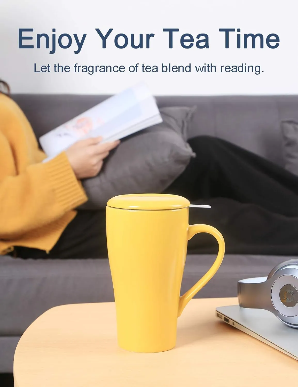 Tea Mug with Infuser and 2 Lids, 18oz Large Tea Infuser Cup, Tea Strainer Mug for Loose Leaf, Ceramic Travel Mug with Teabag Holder (Yellow)
