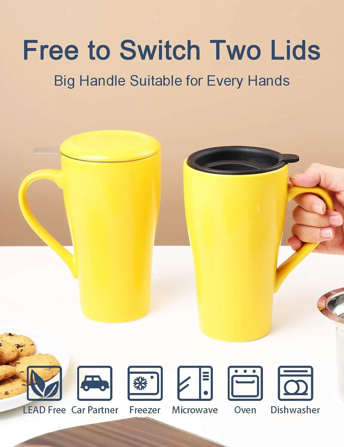 Tea Mug with Infuser and 2 Lids, 18oz Large Tea Infuser Cup, Tea Strainer Mug for Loose Leaf, Ceramic Travel Mug with Teabag Holder (Yellow)