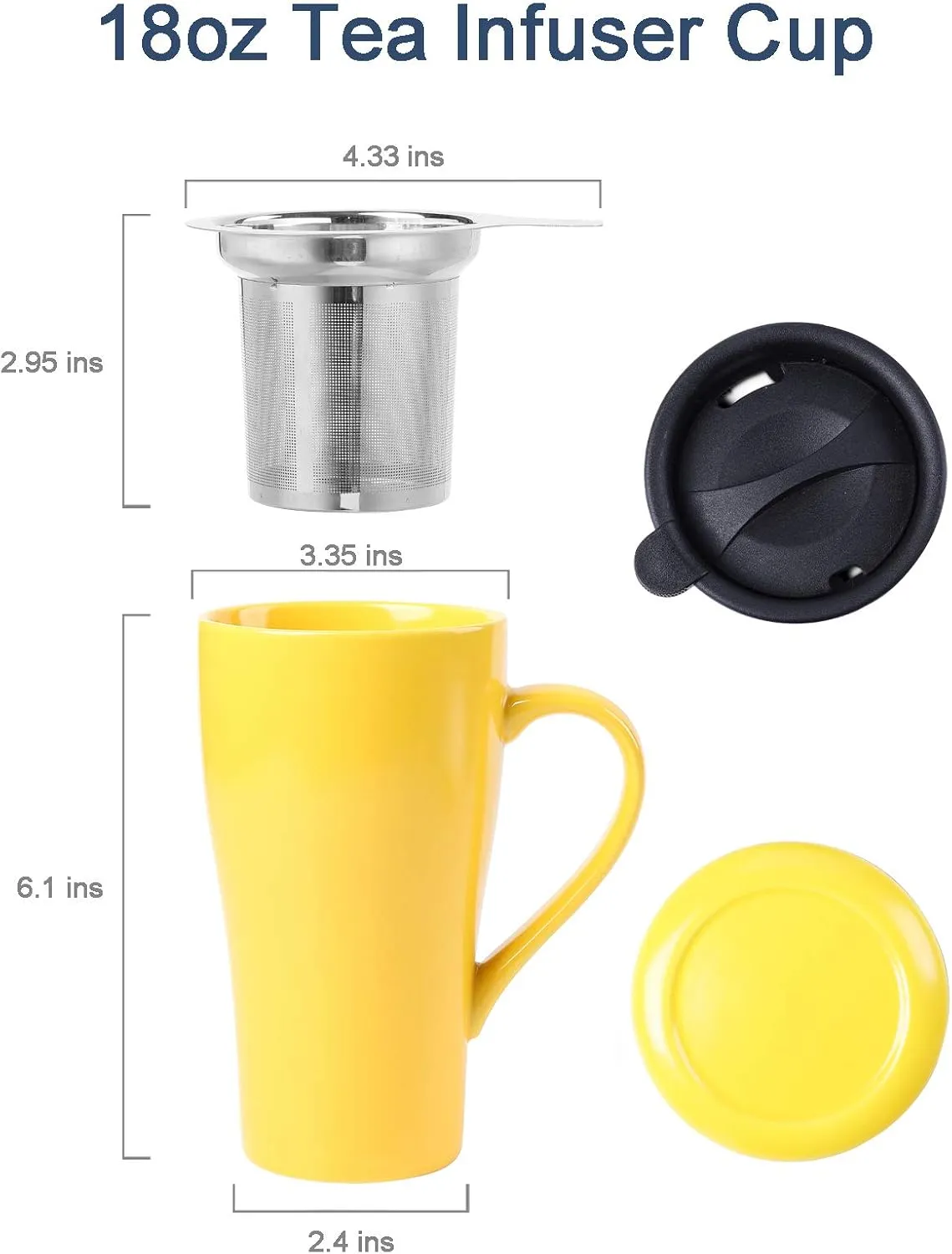Tea Mug with Infuser and 2 Lids, 18oz Large Tea Infuser Cup, Tea Strainer Mug for Loose Leaf, Ceramic Travel Mug with Teabag Holder (Yellow)