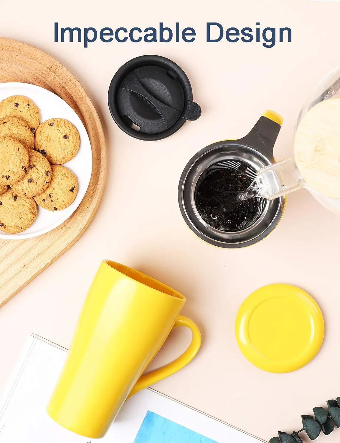 Tea Mug with Infuser and 2 Lids, 18oz Large Tea Infuser Cup, Tea Strainer Mug for Loose Leaf, Ceramic Travel Mug with Teabag Holder (Yellow)