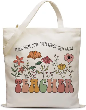 Teach Them Love Them Watch Them Grow,Colorful Canvas Tote Bag for Women Teacher,Flower Cotton Bags with Handles for Shopping Beach Grocery,Teacher Gifts for Thanksgiving Teacher-14