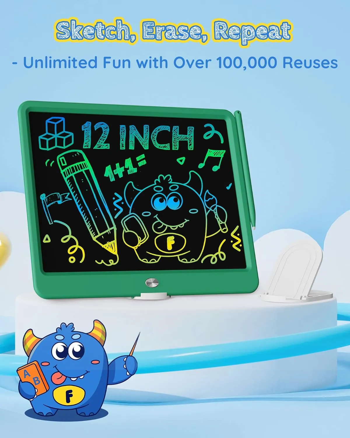 TEKFUN LCD Writing Tablet for Kids Boys Toys, 12 Inch Erasable Doodle Board Colorful Drawing Pad, Board Games Outdoor Travel Toys Gifts for Toddlers Boys Adults (Green)