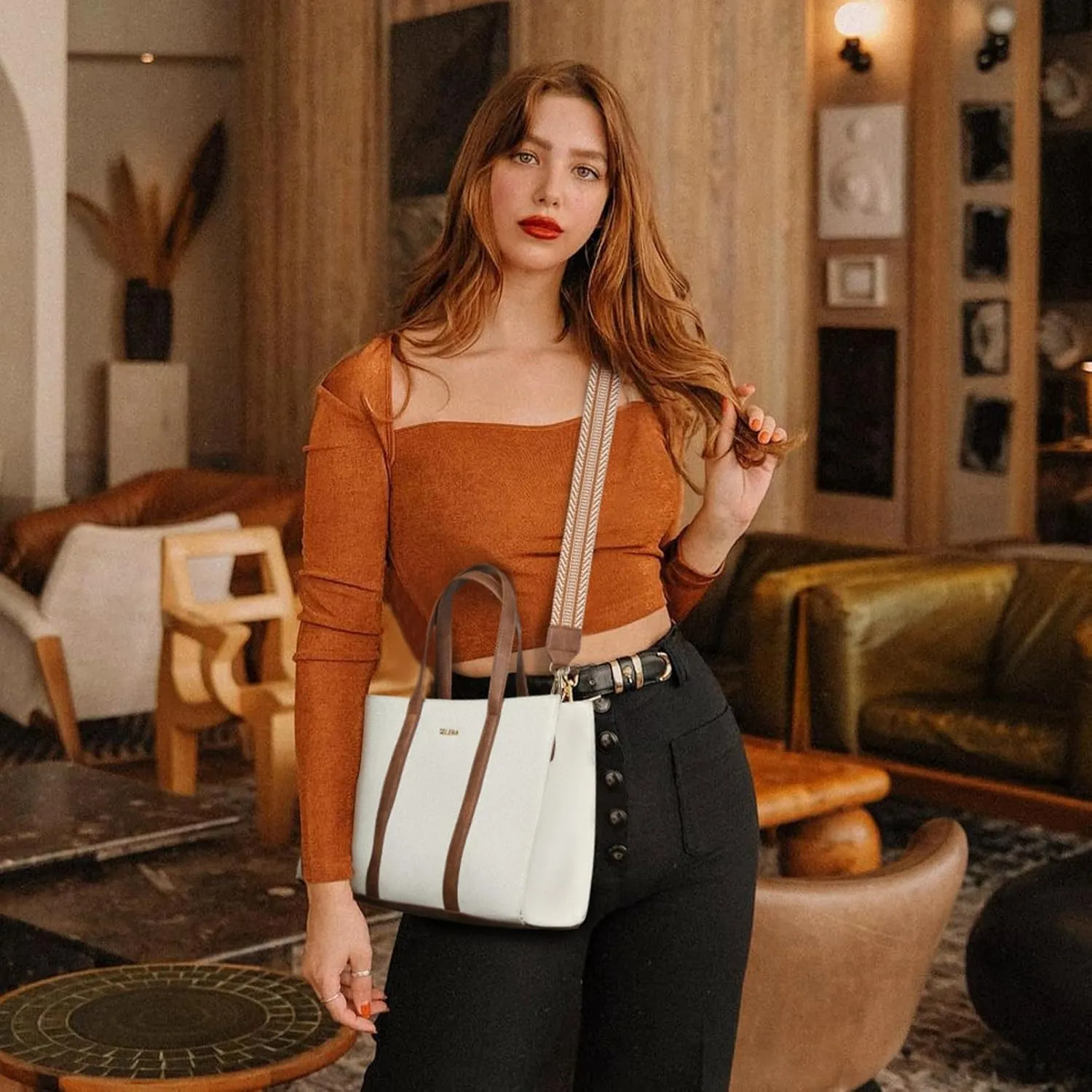 Telena Leather Tote Bag for Women Crossbody Tote Purse Handbag with Compartments and Adjustable Strap