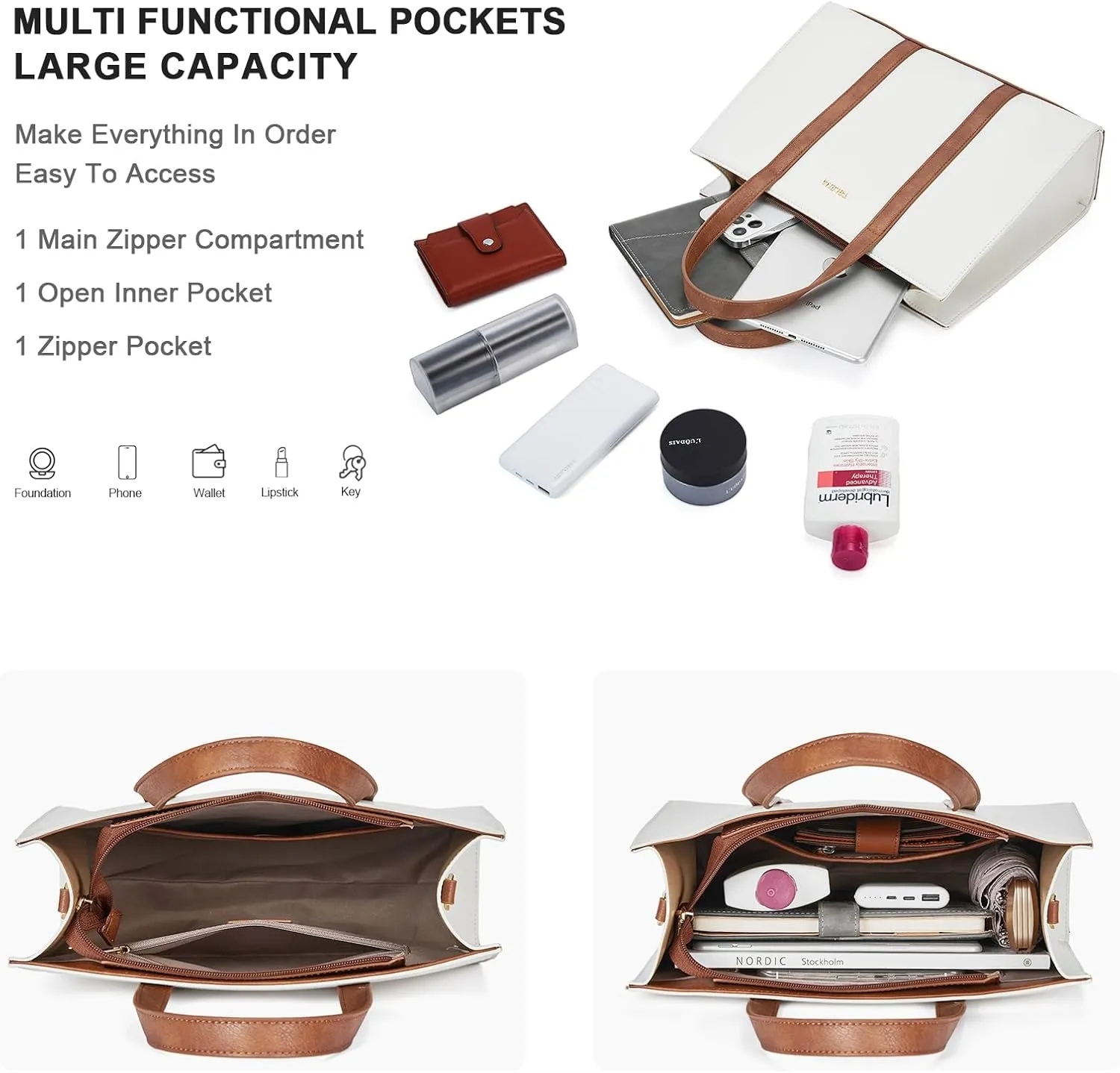 Telena Leather Tote Bag for Women Crossbody Tote Purse Handbag with Compartments and Adjustable Strap