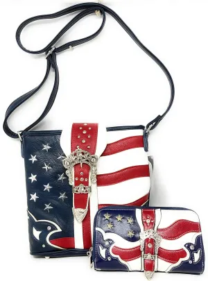Texas West American Flag Rhinestone Women's Handbags Purse Wallet Set in Multi-Color