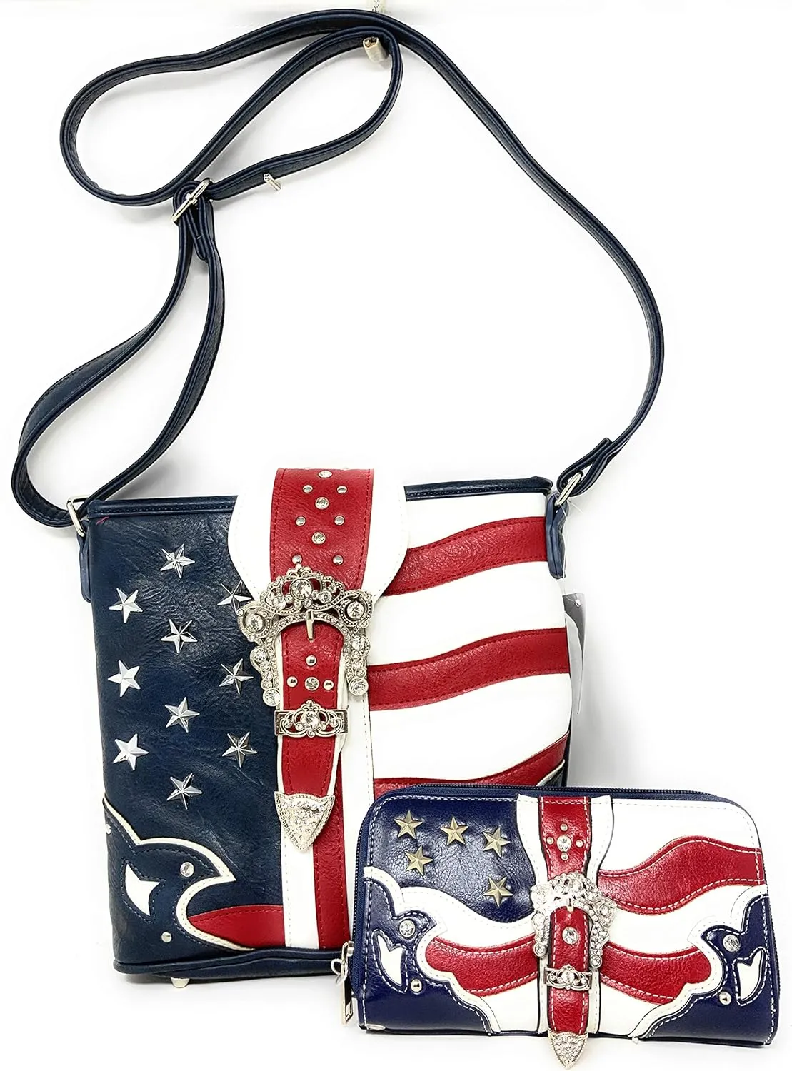 Texas West American Flag Rhinestone Women's Handbags Purse Wallet Set in Multi-Color