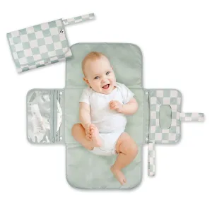 Tiny Twinkle Portable Diaper Changing Pad - Foldable Waterproof Diaper Changing Mat for Travel, Baby Changing Station with Smart Wipes Pocket & Storage (Sage Checkers)