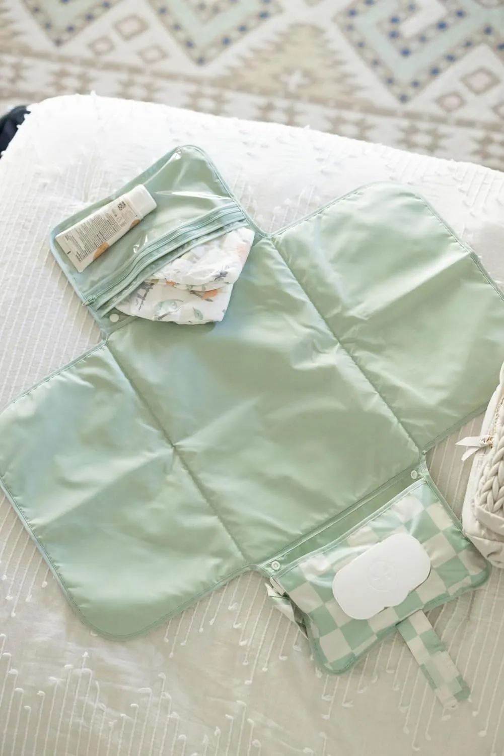 Tiny Twinkle Portable Diaper Changing Pad - Foldable Waterproof Diaper Changing Mat for Travel, Baby Changing Station with Smart Wipes Pocket & Storage (Sage Checkers)