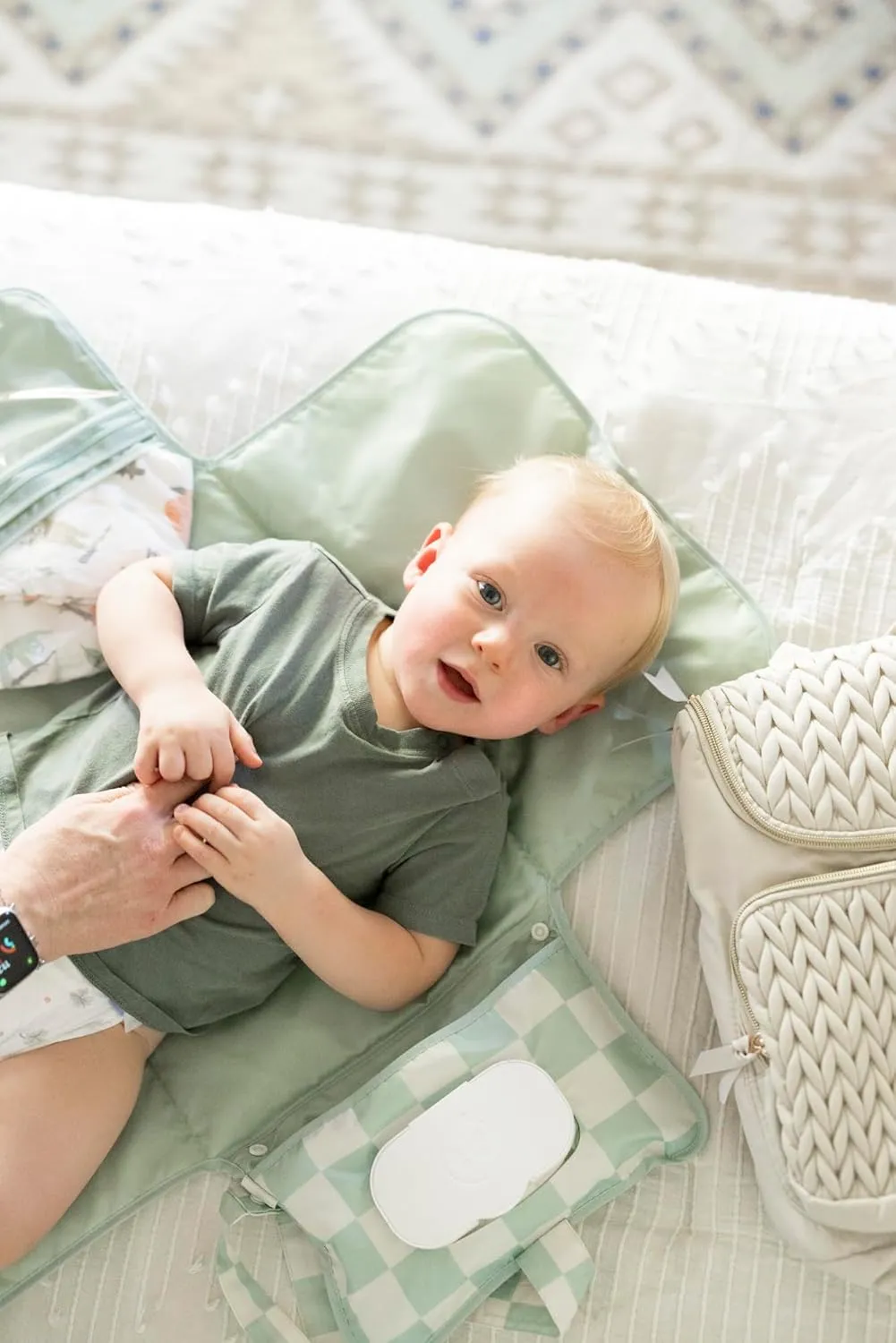 Tiny Twinkle Portable Diaper Changing Pad - Foldable Waterproof Diaper Changing Mat for Travel, Baby Changing Station with Smart Wipes Pocket & Storage (Sage Checkers)