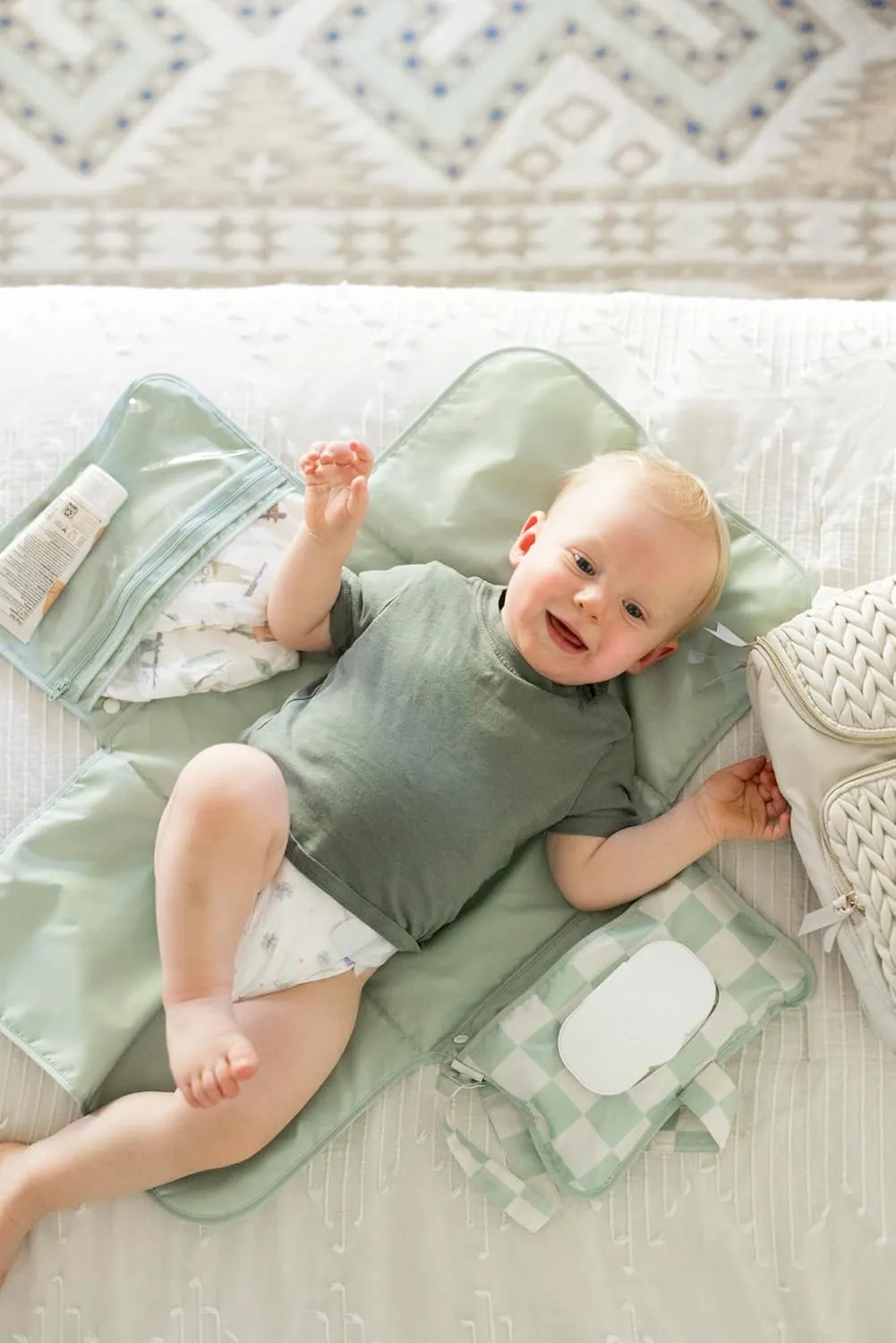 Tiny Twinkle Portable Diaper Changing Pad - Foldable Waterproof Diaper Changing Mat for Travel, Baby Changing Station with Smart Wipes Pocket & Storage (Sage Checkers)