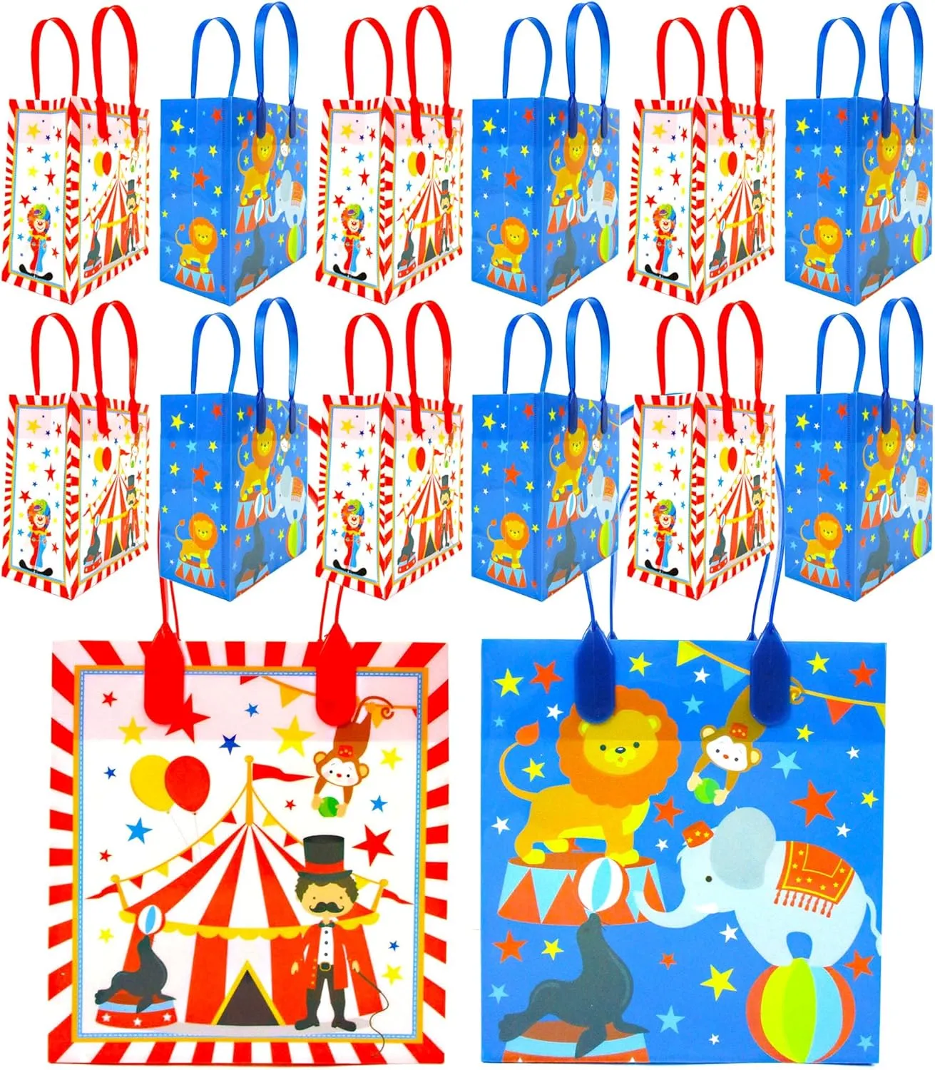 TINYMILLS Circus Party Favor Treat Bags Candy Goodie Bags with Handles for Circus Carnival Theme Birthday Party Pack of 12