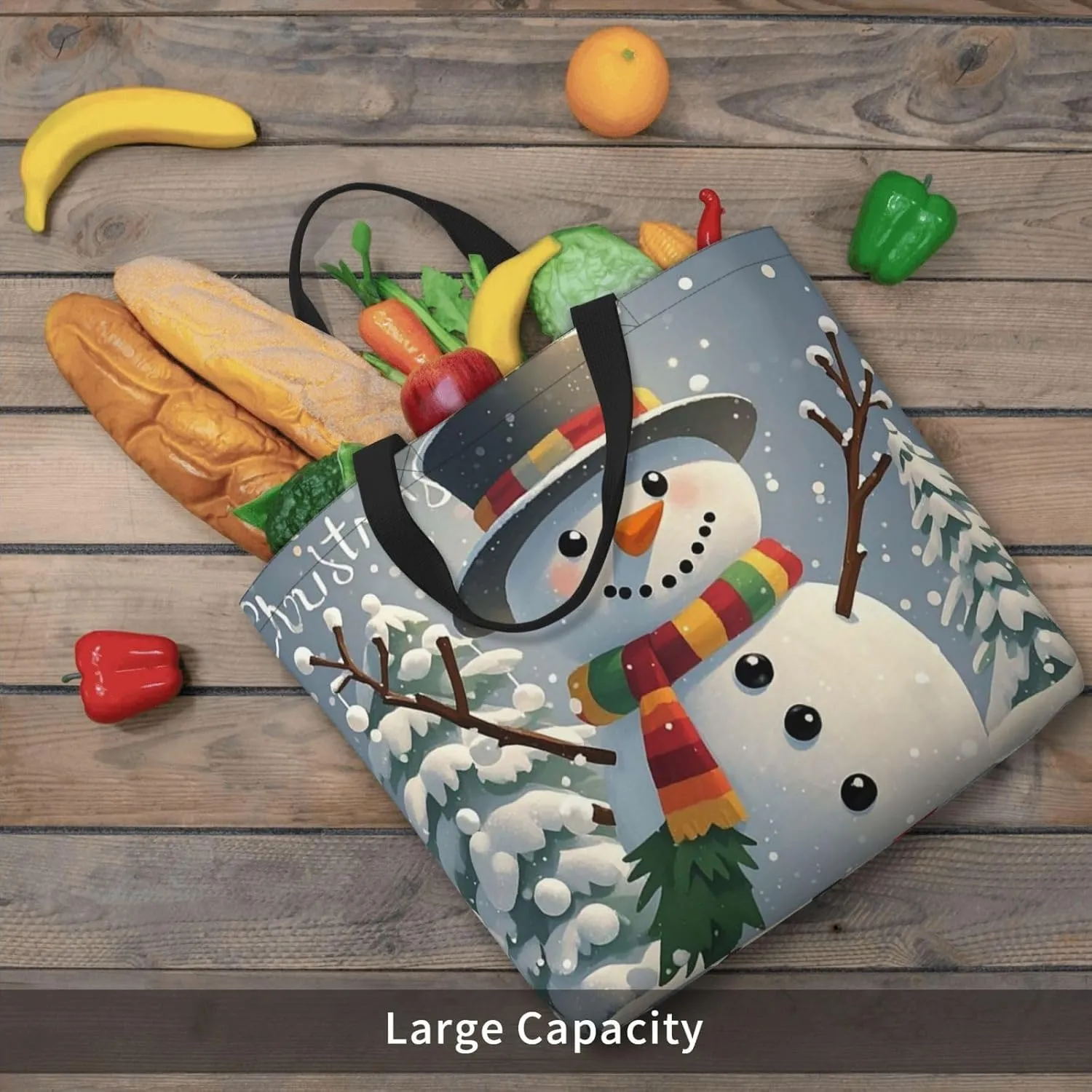 Tote Bag for Women Grocery Bag Reusable Shopping Bag Merry Christmas Snowman Handbag Foldable Shoulder Bag