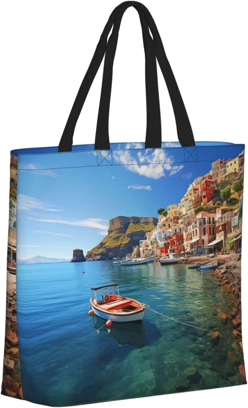Tote Bag for Women Grocery Bag Reusable Shopping Bag Seaside Town Handbag Foldable Shoulder Bag