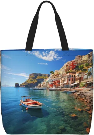 Tote Bag for Women Grocery Bag Reusable Shopping Bag Seaside Town Handbag Foldable Shoulder Bag