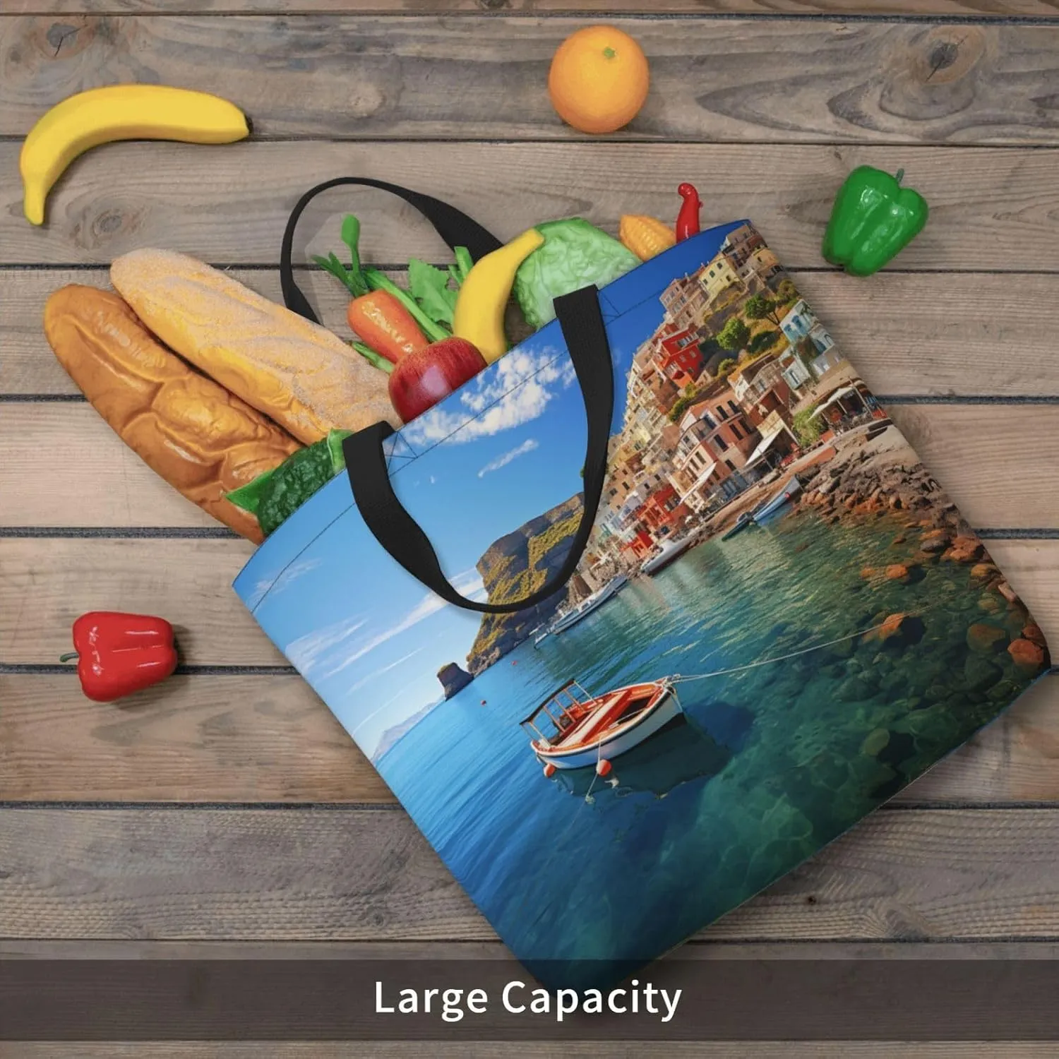 Tote Bag for Women Grocery Bag Reusable Shopping Bag Seaside Town Handbag Foldable Shoulder Bag