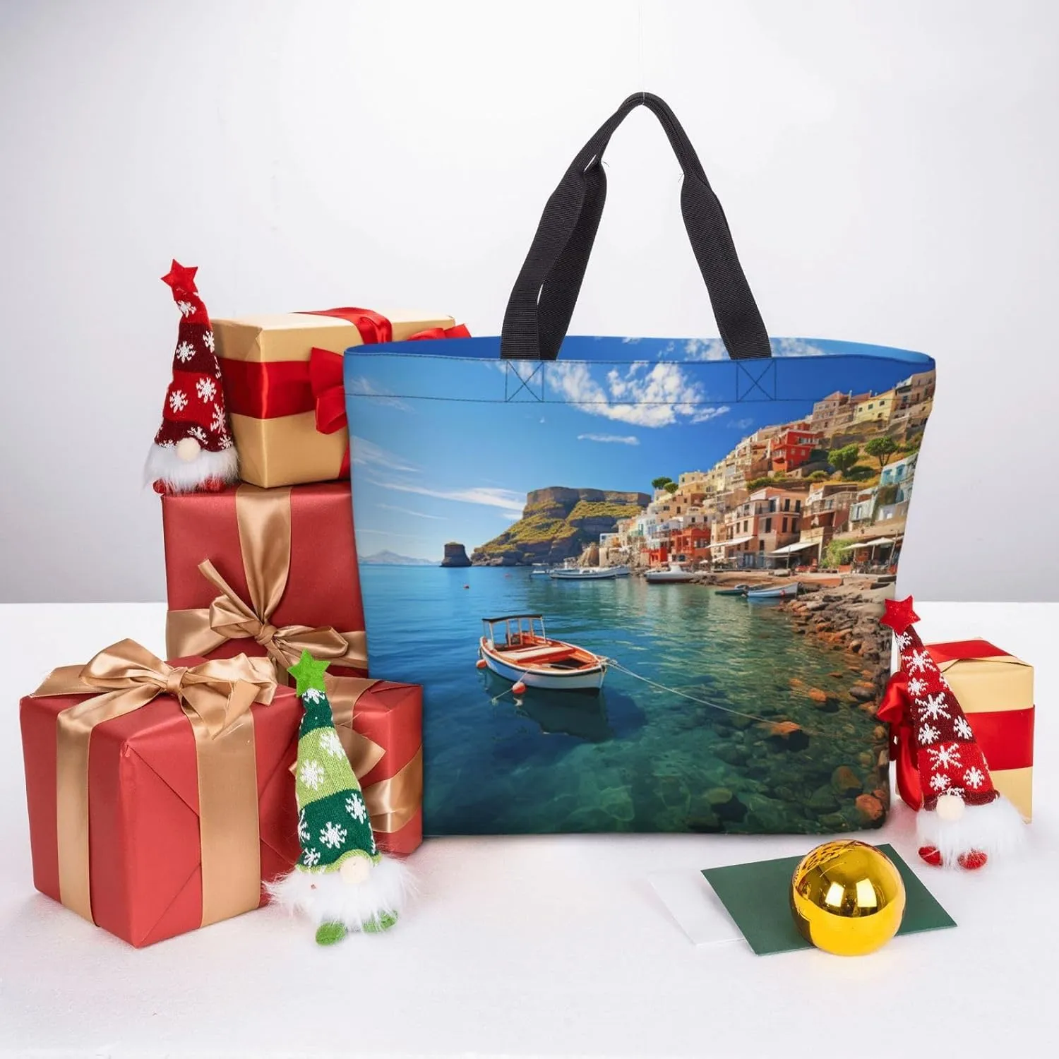 Tote Bag for Women Grocery Bag Reusable Shopping Bag Seaside Town Handbag Foldable Shoulder Bag